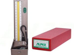 Stadiometer for measuring height with a vertical ruler and sliding headpiece, alongside a red foam measuring block or pedestal