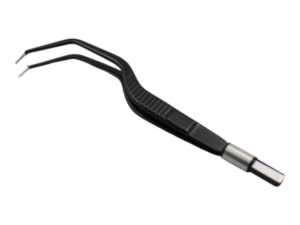 Two pronged medical probe with insulated black handle and twin metal tips at the ends connected to a silver connector on the other end