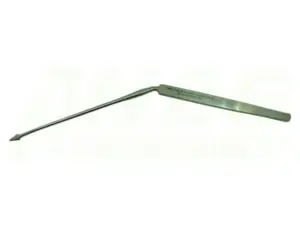 Long stainless steel surgical probe with a curved shaft and blunt tip for retracting or probing during procedures