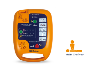 Orange AED trainer device with instructional panels and buttons shown beside an AED Trainer logo