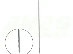 Long stainless steel screw-like pin with a looped top and a threaded end; close-up shows the threads.