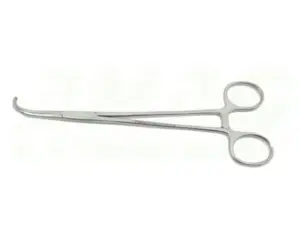 Stainless steel surgical forceps with curved tips, used to grasp tissue during procedures.