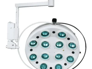 Twelve‑lamp circular surgical LED light mounted on an adjustable ceiling arm for use in operating rooms