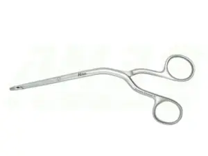 Long stainless steel curved surgical scissors with ring handles and slender tips for precision cutting of tissue or sutures.