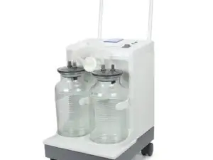 Dual oxygen cylinder setup on a wheeled cart with a handle used for medical oxygen delivery