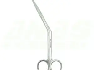 Stainless steel surgical scissors with curved, angled blades and circular finger rings