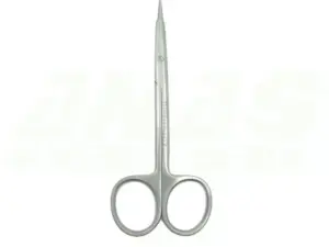 Metal surgical micro-scissors with long slender blades and circular finger rings, for precise cutting in operations.