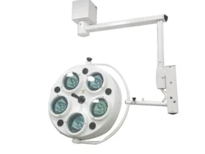 Ceiling-mounted surgical light with five circular lamps on an adjustable arm.