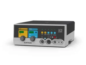 Electrosurgical generator with yellow and blue controls labeled CUT and COAG, front knobs and connector ports for tissue devices, used to cut and coagulate tissue.