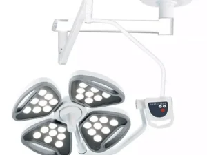 Ceiling-mounted surgical LED light with adjustable arms and a control panel for operation theater use.