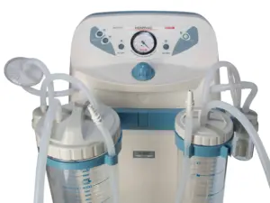Hospital anesthesia machine with twin gas cylinders and tubing connected to a central control panel and pressure gauge, used to deliver anesthetic gases to patients.
