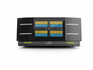 Cash handling machine with a central touchscreen display and green status lights on the sides used for counting or validating banknotes
