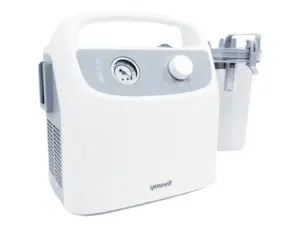 White portable oxygen concentrator with a handle gauge and control knob on the front and a connected humidifier bottle on the side