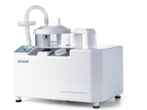 White portable phlegm suction device with a clear collection canister and tubing resting on a white base with controls