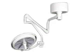 Ceiling-mounted surgical operating light with an adjustable arm in white