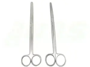 Two stainless steel surgical scissors with finger rings blades closed laid side by side on a white background