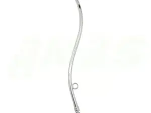 Curved metal tool with a bottom loop and a small hole near the top set against a white background