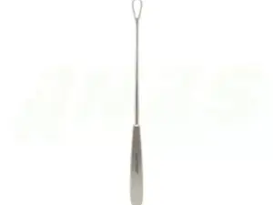 Long, slender stainless steel instrument with a looped ring at the top and a wooden grip at the bottom.