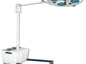 Mobile surgical overhead light on an adjustable wheeled stand with four round blue-lit lamps