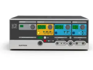 Medical device front panel: Surtron skin plate electronic control with four color-coded control sections (green, yellow, blue) and multiple knobs/connectors for monopolar and bipolar settings.