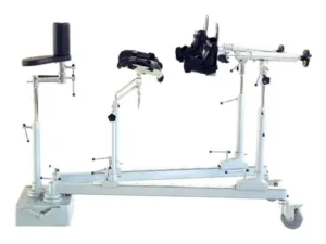 Orthopedic traction frame on a wheeled metal base with padded leg supports and ankle boots