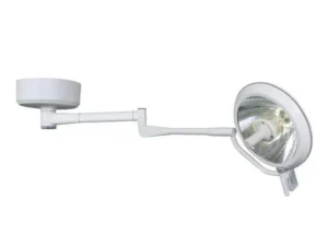 White wall-mounted medical examination lamp with an adjustable articulated arm and a large round light head