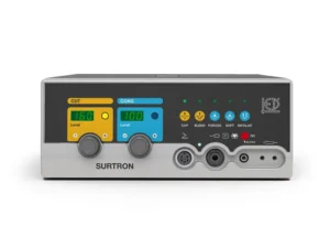 Electrosurgical generator labeled CUT and COAG with control dials and connector ports on a gray panel