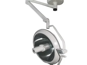 Ceiling-mounted surgical light with adjustable articulated arms and a large round head.