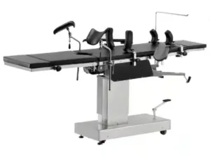 Electric surgical operating table with adjustable sections, leg supports, and wheeled base for patient positioning.