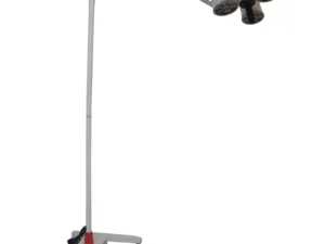 Medical overhead surgical lamp on a wheeled stand with three light heads