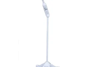 White adjustable floor lamp with a curved neck on a four-wheeled base and built-in control panel on the stem, standing tall on casters.